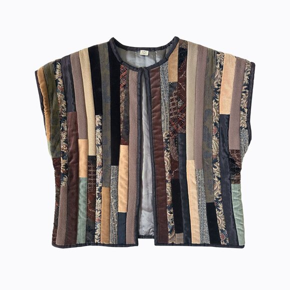 Vintage Quilted Patchwork Open Front Vest Sz L Earthy Brown Mixed Media Boho Art - Picture 9 of 9